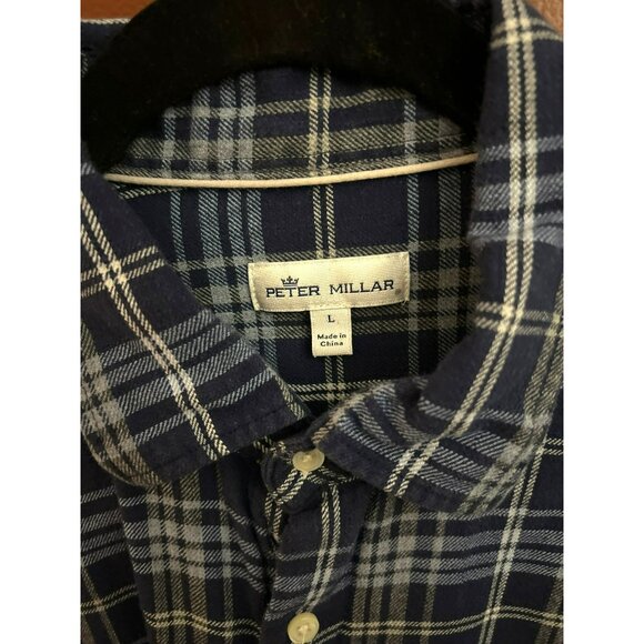 Peter Millar Men's Blue White Button Up Plaid Shirt Size Large Outdoors Rugged - Picture 2 of 3